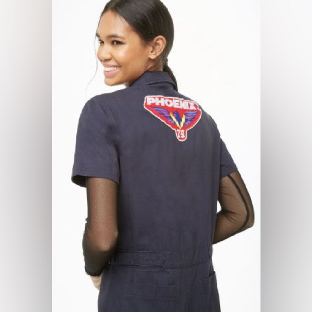 Forever 21 Navy Short-Sleeve Utility Jumpsuit with Back Patch